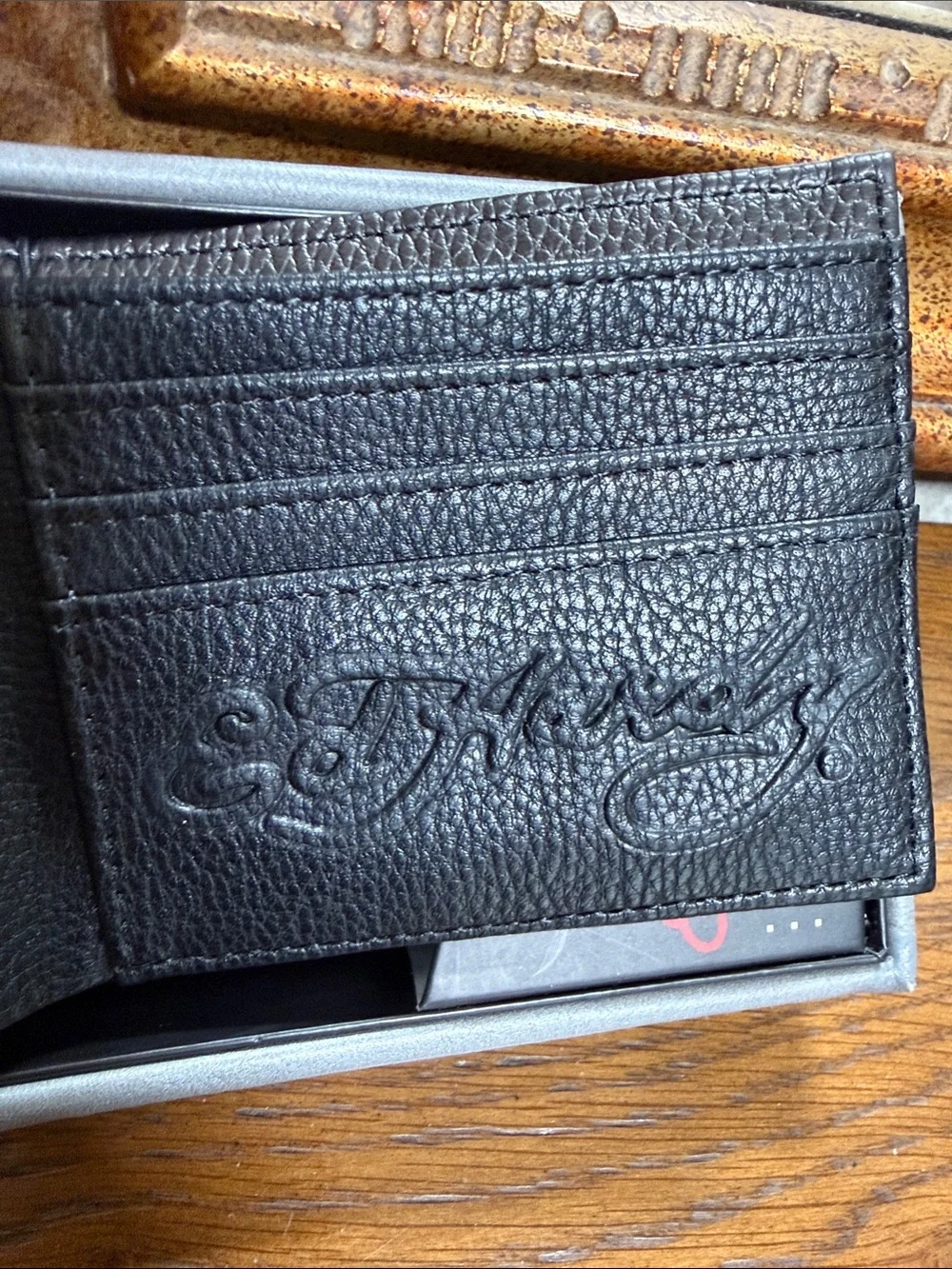 Ed Hardy Black Wallet with Fierce Tiger Artwork. Multiple card slots. ID window.